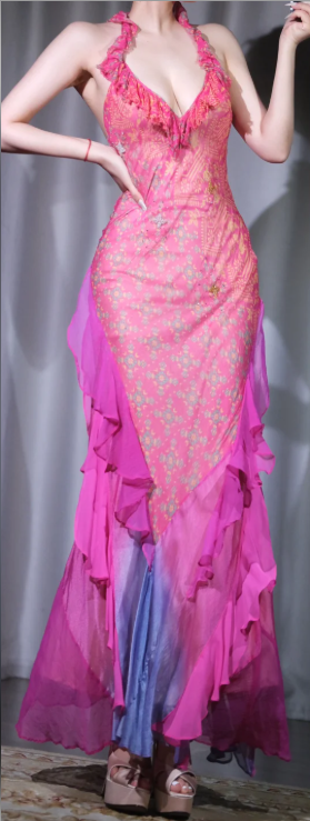 ✨Girlhomeshops-Fuchsia Printed Mermaid Evening Gown Halter Deep V Ruffle Chiffon gh10126