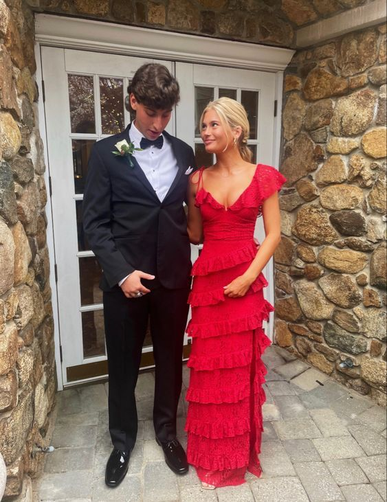 ✨Girlhomeshops-Sexy Sheath-Style Red Lace Ball Gown with Ruffles – Party Dress gh10166