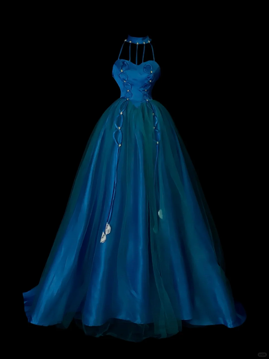 Royal‑Blue‑Halter‑Ball‑Gown High‑Neck‑Cut‑Out‑Straps Sweetheart‑Corset‑Bodice Satin‑Braided‑Pearl‑Detail Ombre‑Tulle‑A‑Line‑Floor‑Length‑Skirt Gala‑Prom‑Evening‑Dress gh8866