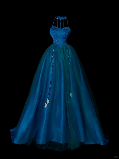 Royal‑Blue‑Halter‑Ball‑Gown High‑Neck‑Cut‑Out‑Straps Sweetheart‑Corset‑Bodice Satin‑Braided‑Pearl‑Detail Ombre‑Tulle‑A‑Line‑Floor‑Length‑Skirt Gala‑Prom‑Evening‑Dress gh8866