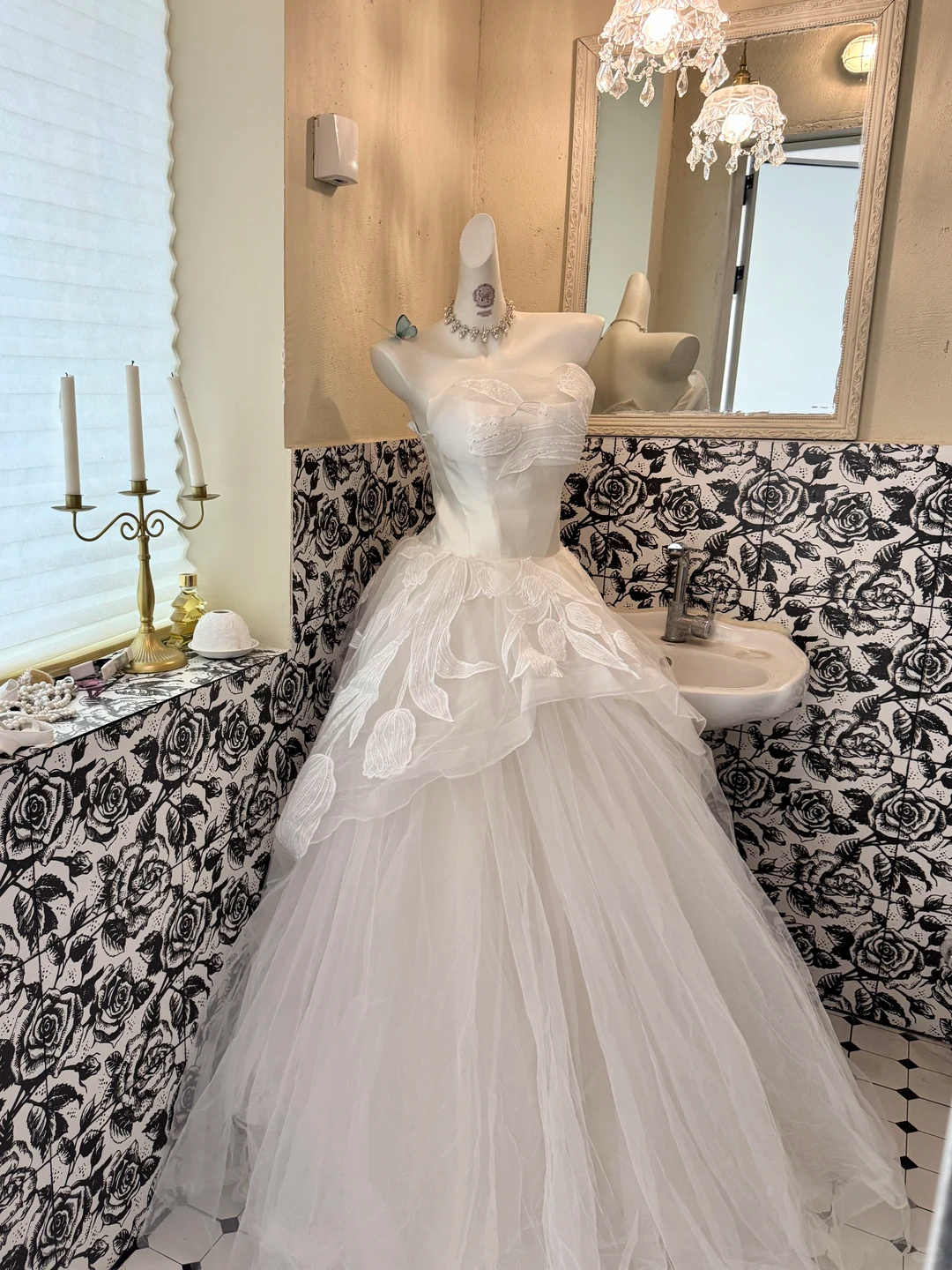 White Strapless Printed Waist-Cinched Puffy Skirt Romantic Dress, Wedding Gown gh7569