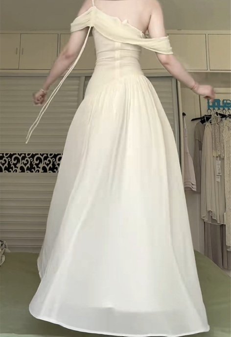 Cream Yellow Asymmetrical One‑Shoulder Chiffon Long Evening Gown, Cutout Bodice Ruched Waist A‑Line Formal Prom Dress gh9005