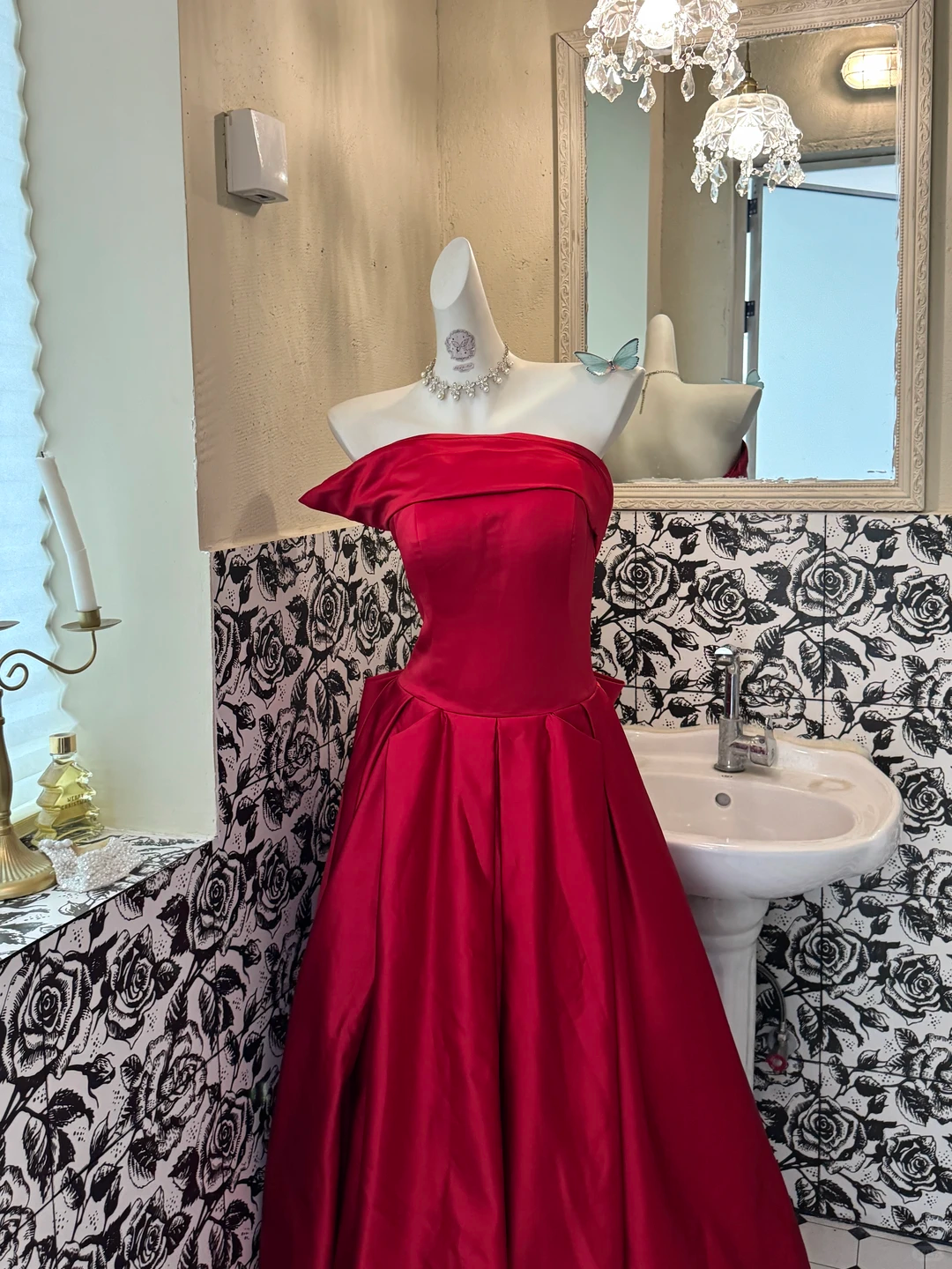 Red Stylish Strapless Satin Waist-Cinched Minimalist Elegant Romantic Dress, Wedding Gown gh7597