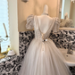 Ivory Puff Sleeve Beaded Waist-Cinched Fitted Full Flared Vintage Romantic Dress, Wedding Gown gh7529