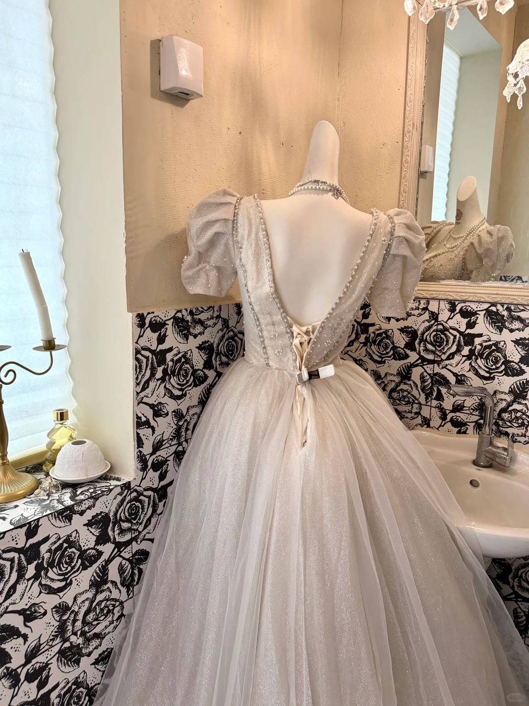 Ivory Puff Sleeve Beaded Waist-Cinched Fitted Full Flared Vintage Romantic Dress, Wedding Gown gh7529