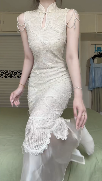 New Chinese Style Cheongsam Long Evening Gown, Ivory Scallop Lace Mermaid Qipao Dress Cold‑Shoulder Tassel Beaded Strap for Banquet Engagement gh8951