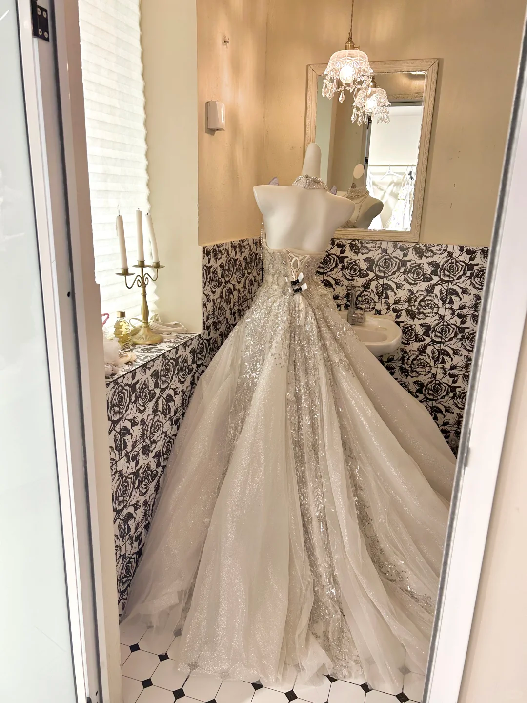 Silver Grey Strapless Rhinestone Cinched Waist Full Flared Skirt Long Romantic Dress, Wedding Gown gh7798
