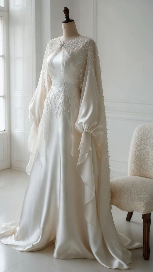 Elegant Palace Style Cape-Long-Sleeve Gown | Off-White Satin Lace Train Maxi Dress for Wedding Bridal Luxury Dinner High-End Social Event gh6427