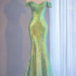 Light Green Sequined Off Shoulder Waist-Cinched Bodycon Sexy Evening Dress, Fairy Gown, Romantic Gown gh7456