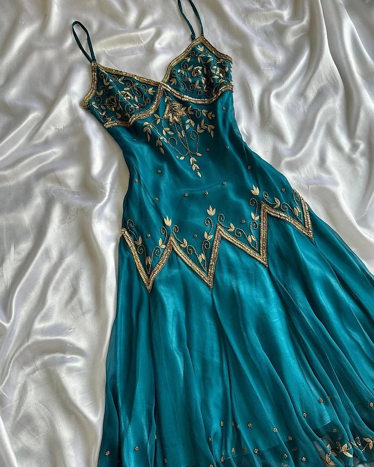 Pfauenblau Vintage-Mode exquisite Stickerei Perlen Spaghetti Strap lange Chiffon Ballkleid Abendkleid Partykleid gh3406