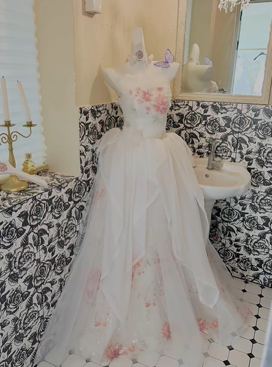 White Strapless Cinched Waist Pink Printed Full Flared Skirt Long Romantic Dress, Wedding Gown gh7822