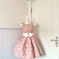 Women Pink Homecoming Dress, Sleeveless Round Neck Vintage Large Floral Jacquard Fabric Contrast White Satin Bow Waist Sash High Waist Pleated Voluminous A‑Line Mini Party Dress gh9219