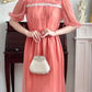 Peach‑Pink Vintage Edwardian Maxi Evening Gown, Sheer High Neck, Puff Mid‑Length Sleeves, White Lace Trim Accents, Elastic Waistband, Flowy Chiffon Full Skirt, Retro Garden Party Formal Dress gh8841