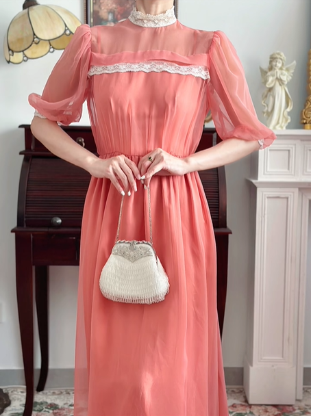 Peach‑Pink Vintage Edwardian Maxi Evening Gown, Sheer High Neck, Puff Mid‑Length Sleeves, White Lace Trim Accents, Elastic Waistband, Flowy Chiffon Full Skirt, Retro Garden Party Formal Dress gh8841