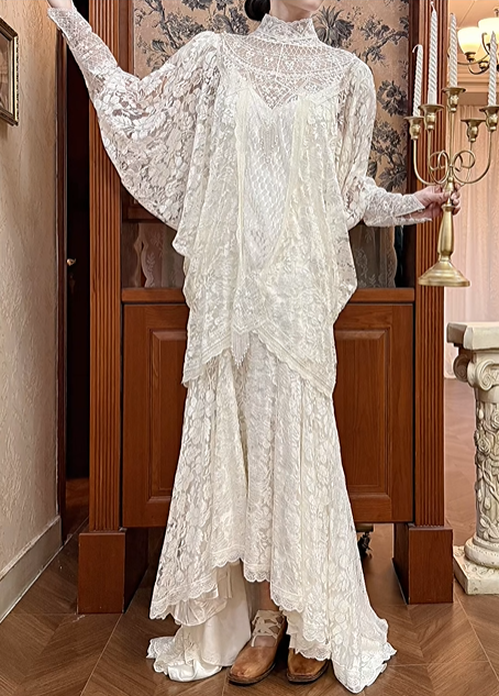 Ivory Vintage Two‑Piece Lace Wedding Gown, High Neck Batwing Sleeve Lace Overlay, Tassel Lace Trim, V‑Neck Lace Slip Mermaid Long Train, Prom Dress gh8645