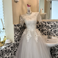 Ivory Embroidered Sequin Waist-Cinched Classic Elegant Full Flared Romantic Dress, Wedding Gown gh7530