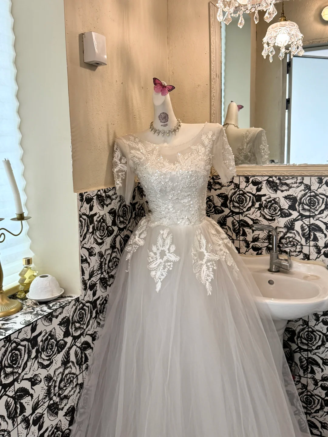 Ivory Embroidered Sequin Waist-Cinched Classic Elegant Full Flared Romantic Dress, Wedding Gown gh7530
