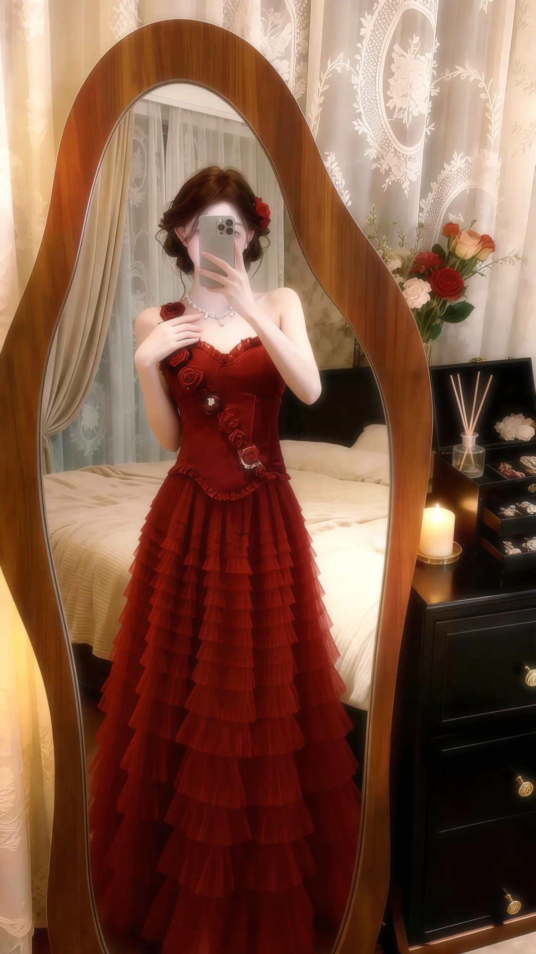 Burgundy One‑Shoulder Corset Evening Gown, 3D Rose Applique Tiered Ruffle Cake Tulle Prom Dress gh9139
