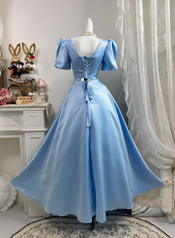 Light Blue Satin Long Evening Gown, V Neck Puff Short Sleeve Beaded Rhinestone A-Line Princess Prom Dress gh9271