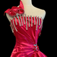 Fuchsia Satin One‑Shoulder Mermaid Evening Gown, Rhinestone Bow Ornament, Vertical Rhinestone Fringe Bust, Side Cascading Ruffle With Floral Crystal Buckle, Mermaid Silhouette With Short Train, Pageant Prom Dress gh8906