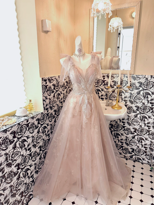 Light Pink Spaghetti Straps Cinched Waist Figure-Flattering Full Flared Skirt Long Elegant Romantic Dress, Wedding Gown gh7805
