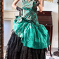 Peacock‑Green‑Vintage Spaghetti‑Strap‑Sweetheart Green‑Black‑Lace‑Bodice Asymmetric‑Contrast‑Layered‑Skirt Glossy‑Green‑Ruffle Multi‑Tier‑Black‑Lace‑Midi Evening Prom Gown gh8819