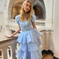 Robe de soirée princesse bleue élégante, coupe trapèze, manches courtes, longue, en tulle, robe de bal, gh4197