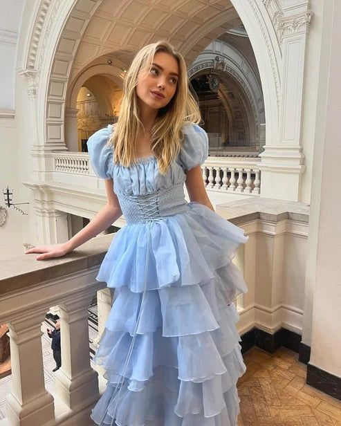 Robe de soirée princesse bleue élégante, coupe trapèze, manches courtes, longue, en tulle, robe de bal, gh4197