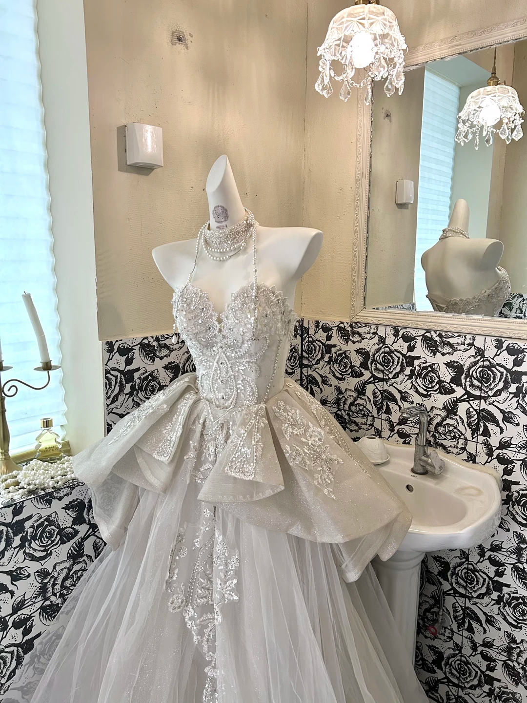 Ivory Strapless Romantic Long Wedding Gown with Silver Decorations, Cinched Waist & Voluminous Full Flared Skirt gh7755