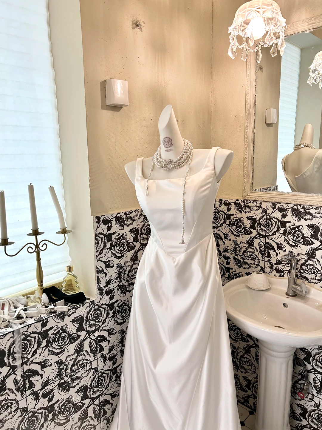 White Satin Spaghetti Strap Waist-Cinched Figure-Flattering Long Classic Elegant Romantic Dress, Wedding Gown gh7733