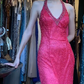 Halter V Neck Ombre Fuchsia Pink Evening Gown All Over Beaded Rhinestone Mermaid Long Prom Dress gh9686