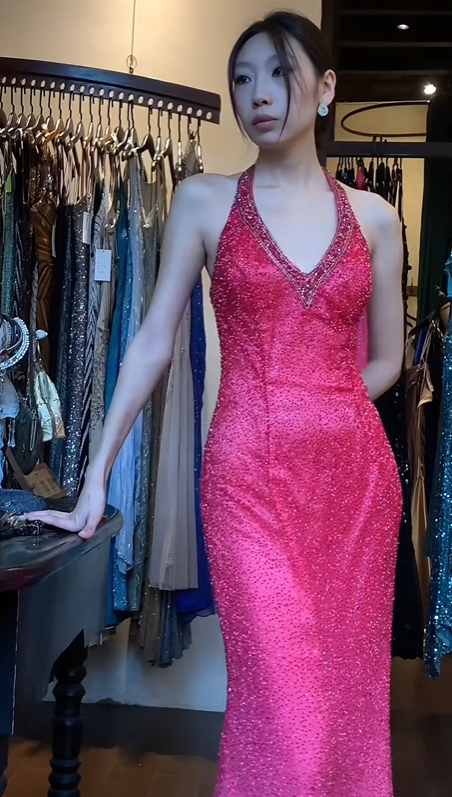 Halter V Neck Ombre Fuchsia Pink Evening Gown All Over Beaded Rhinestone Mermaid Long Prom Dress gh9686