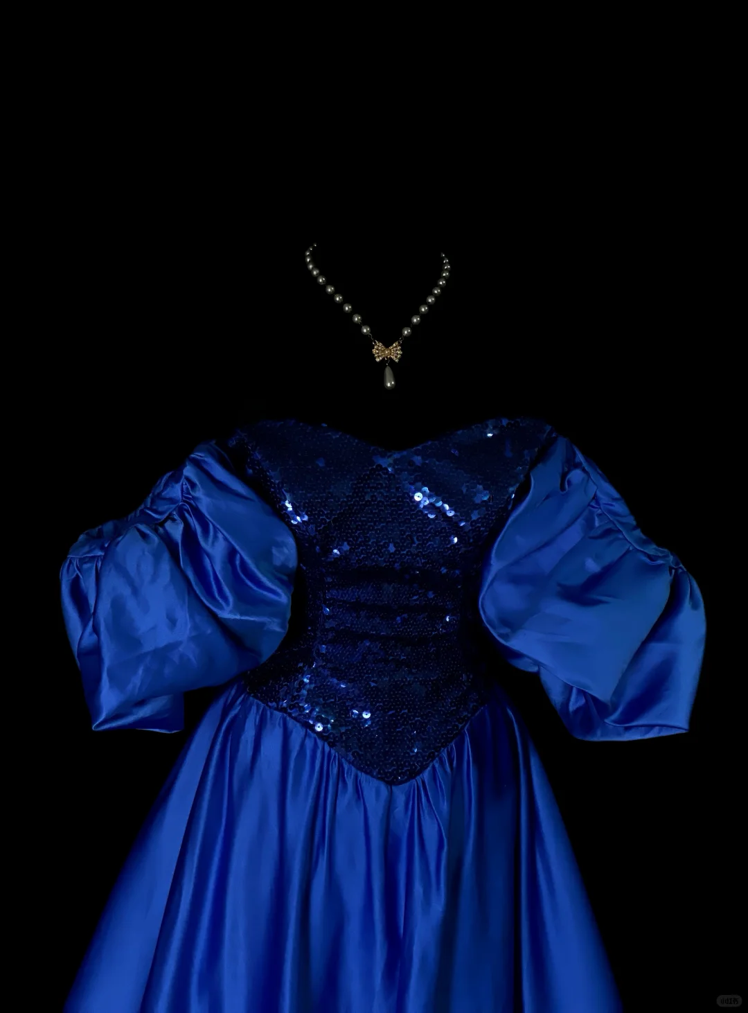 Royal Blue Vintage Ball Gown, Off‑Shoulder Puff Short Sleeves, Sequin Sweetheart Bodice, Fitted Waist, Satin A‑Line Floor‑Length Skirt, Princess Prom Evening Dress gh8881