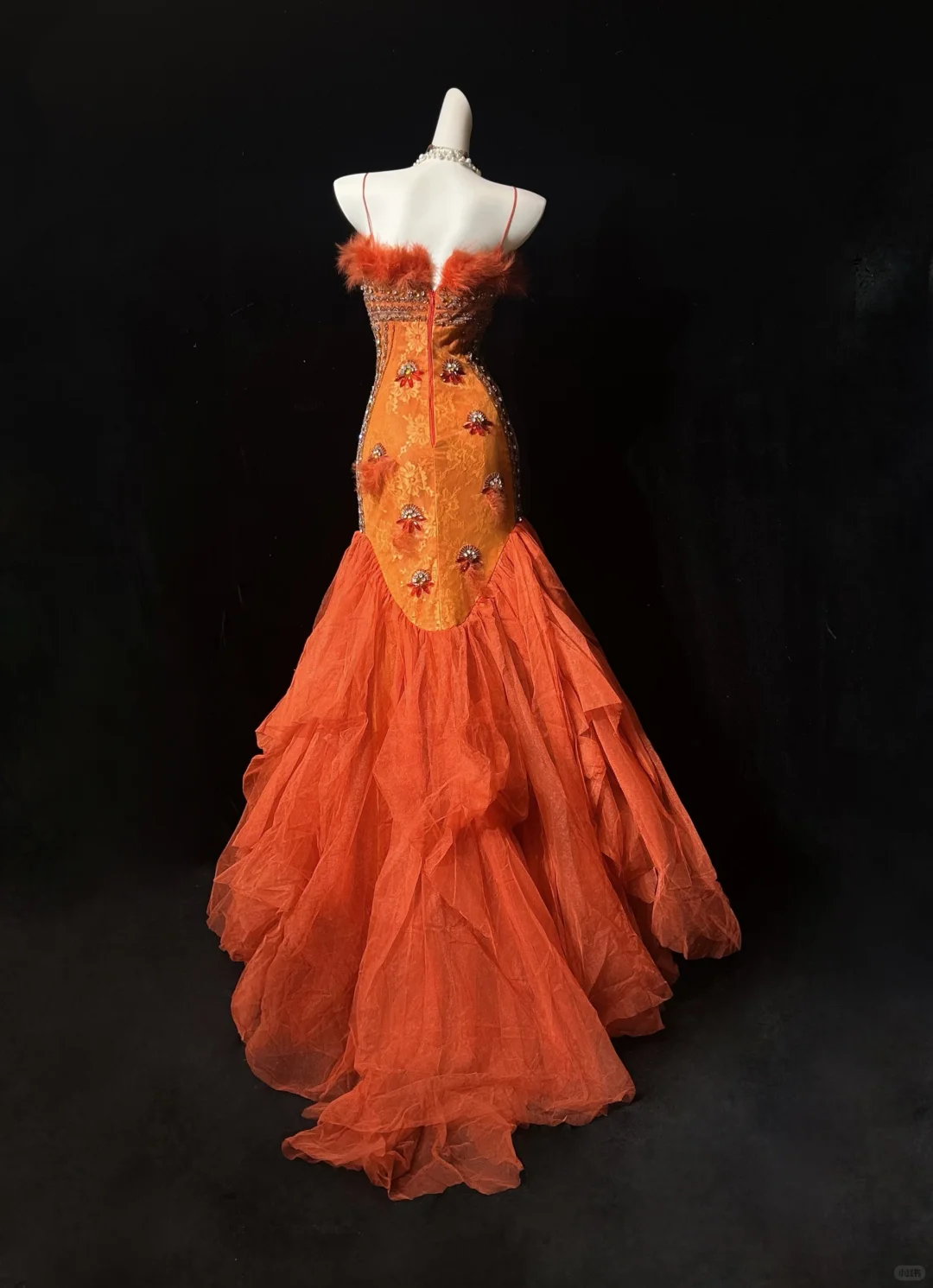 ✨Girlhomeshops-Orange Spaghetti Strap Mermaid Gown Feather 3D Beaded Floral gh10139