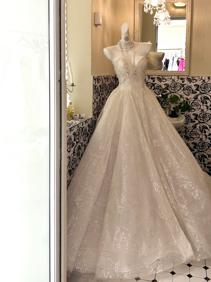 Ivory Strapless Minimalist Waist-Cinched Full Flared Long Romantic Dress, Wedding Gown gh7673