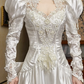 White Vintage Satin Wedding Gown, Lace Petal V‑Stand Collar, Leg‑of‑Mutton Puff Long Sleeves, Boned Bodice With Heavy Lace Appliqués, Flowing Satin Long Train with Scalloped Lace Hem, Prom Dress gh8657