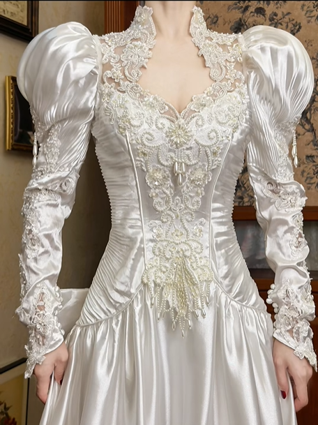 White Vintage Satin Wedding Gown, Lace Petal V‑Stand Collar, Leg‑of‑Mutton Puff Long Sleeves, Boned Bodice With Heavy Lace Appliqués, Flowing Satin Long Train with Scalloped Lace Hem, Prom Dress gh8657
