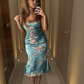 Dusty Teal Satin Short Prom Dress, Beaded Spaghetti Straps, Lace Trim V‑Bodice, Colorful Floral Lace Applique, Ruched Fitted Midi Evening Gown gh8618