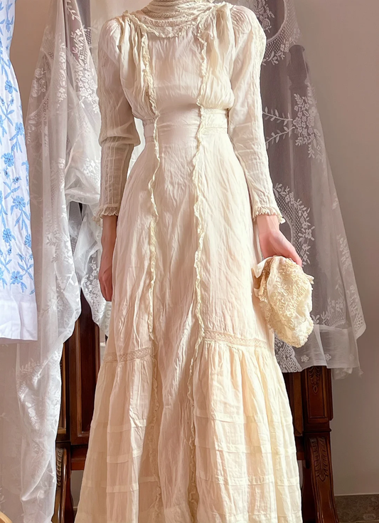Cream Edwardian Vintage Long Wedding Dress, High Neck Long Sleeve Lace Ruffle Bridal Gown gh9337