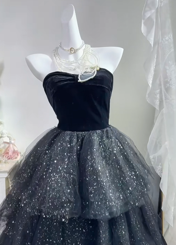 Black Velvet Long Evening Gown, Strapless Bodice Multi-Layer Glitter Tulle Cake Skirt Princess Prom Dress gh9278