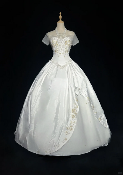 Short Sheer Sleeve White Satin Wedding Dress Heart Neck Gold Lace Embroidery Big Bow Princess Bridal Gown gh9556