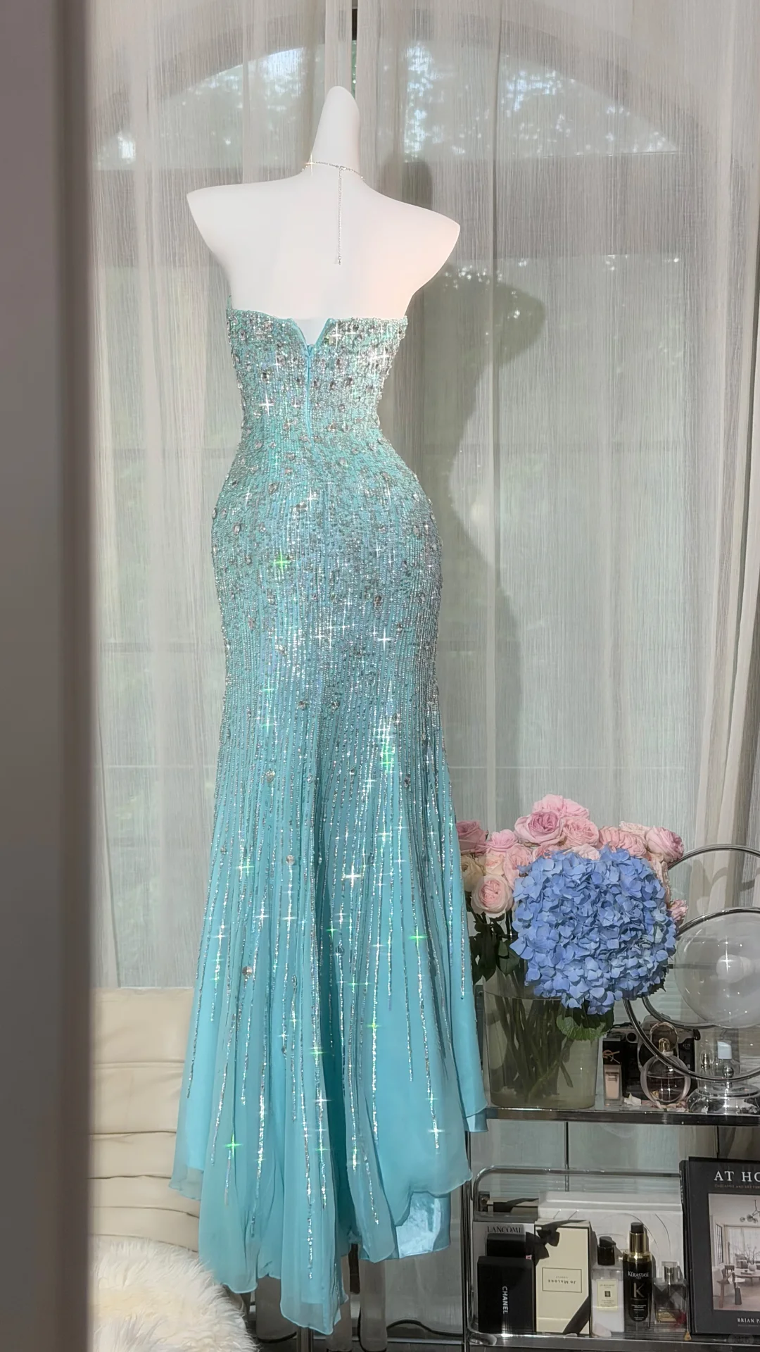 Turquoise Strapless Sweetheart Fully Beaded Gradient Mermaid Evening Dress, Prom Gown gh9511