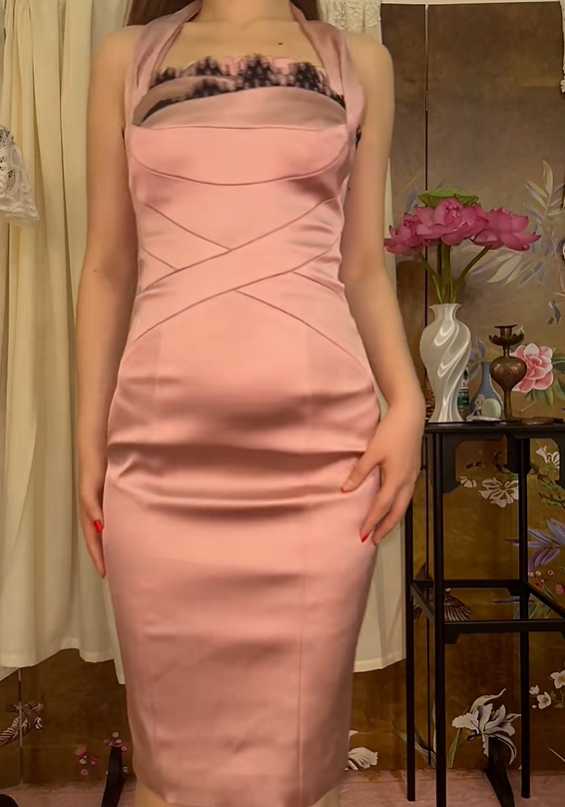 Nude Pink Vintage Satin Halter Fitted Waist Slim Bodycon Sexy Prom & Evening Party Dress gh8409