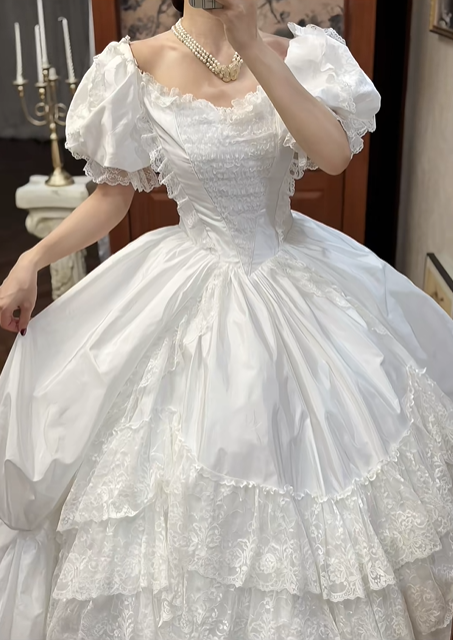 White Vintage Satin Ball Gown Wedding Prom Dress, Square Neck Puff Short Sleeves, Ruffle Trim, Multi‑Tier Lace Cake Hem gh8701