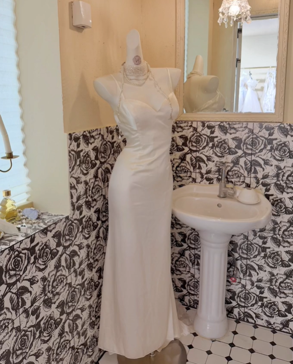 White Lace Overlay Satin Spaghetti Straps Cinched Waist Sexy Long Romantic Dress, Wedding Gown gh7827