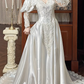 White Vintage Satin Wedding Gown, High Neck Tassel Lace Collar, Off‑the‑Shoulder Puff Sleeves With Sheer Lace Long Sleeves, Sweetheart Neck, Heavy Lace Appliqués Fitted Bodice, A‑Line Satin Long Train With Scalloped Lace Hem, Prom Dress gh8663
