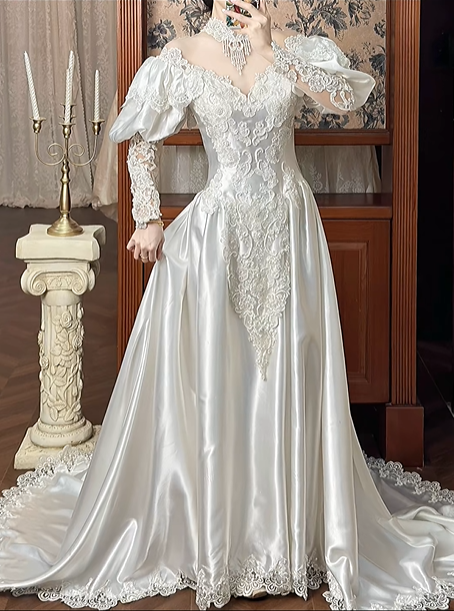 White Vintage Satin Wedding Gown, High Neck Tassel Lace Collar, Off‑the‑Shoulder Puff Sleeves With Sheer Lace Long Sleeves, Sweetheart Neck, Heavy Lace Appliqués Fitted Bodice, A‑Line Satin Long Train With Scalloped Lace Hem, Prom Dress gh8663