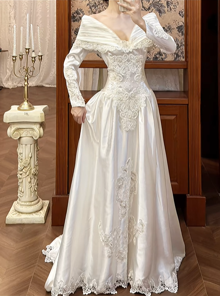White Vintage Satin Long Train Wedding Prom Dress, Off‑the‑Shoulder Pleated Cape V‑Neck, Lace Embroidered Long Sleeves, Baroque Lace Appliqués gh8716