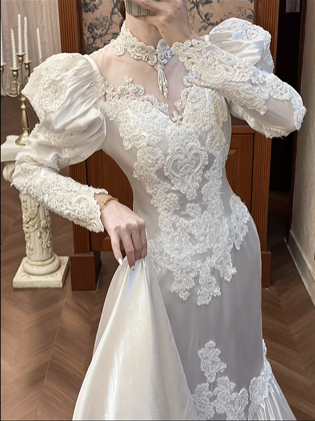White Vintage Satin Mermaid Wedding Prom Dress, Lace High Neck Illusion V‑Neck, Leg‑of‑Mutton Puff Sleeves, Heart‑Shape Lace Appliqués, Scalloped Lace Long Train gh8680