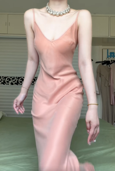 Peach Pink V‑Neck Spaghetti Strap Long Evening Gown, Fitted Mermaid Maxi Dress, Stretchy Soft Fabric Formal Dress gh8940